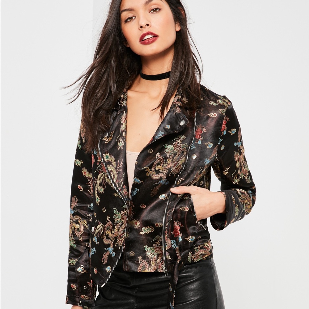 Missguided Black Floral Dragon Print Biker Jacket